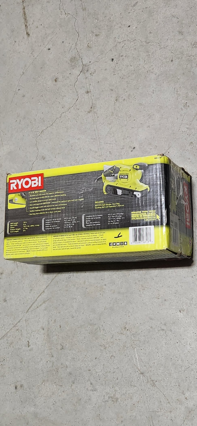 Ryobi BE319 1000W 3&quot; X 18&quot; Belt Sander - 6 Amp, 820 FPM, GRIPZONE Overmold, On/Off Trigger, Lock-On, Toolless Tracking, Belt Tension Release, Low Profile Design, Dust Bag Collection.