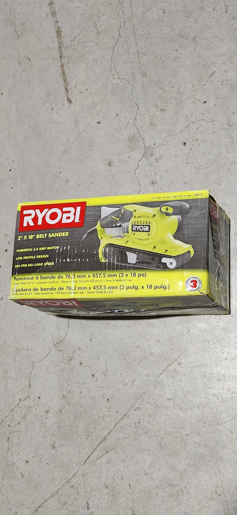 Ryobi BE319 1000W 3&quot; X 18&quot; Belt Sander - 6 Amp, 820 FPM, GRIPZONE Overmold, On/Off Trigger, Lock-On, Toolless Tracking, Belt Tension Release, Low Profile Design, Dust Bag Collection.