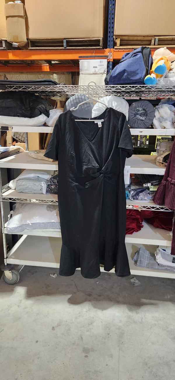 Plus Size London Times V-Neck Twist Flounce Midi Dress(Black) 16W