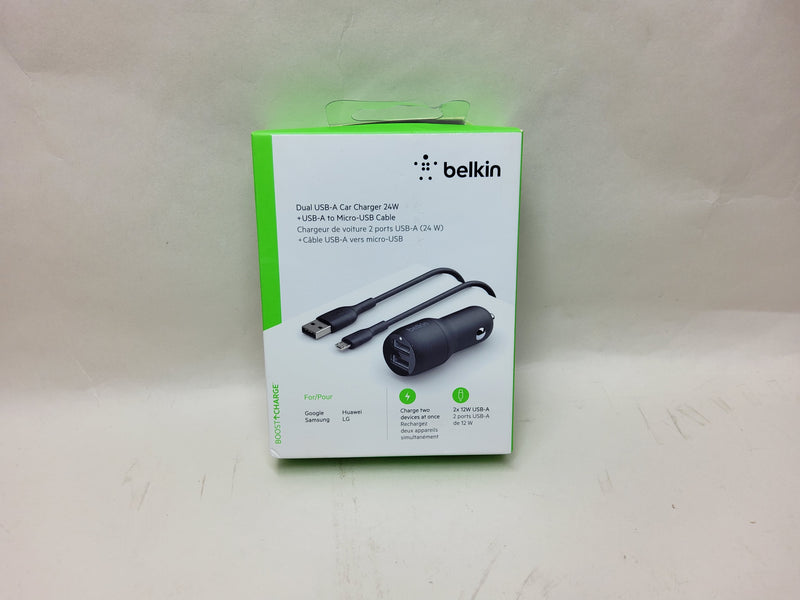 Belkin 24 watt Dual USB Car Charger, USB-C Charger, USB-A Cable, Micro-USB Cable, USB-A to Lightening Cable for iPhone 14 & Galaxy S22 Ultra.