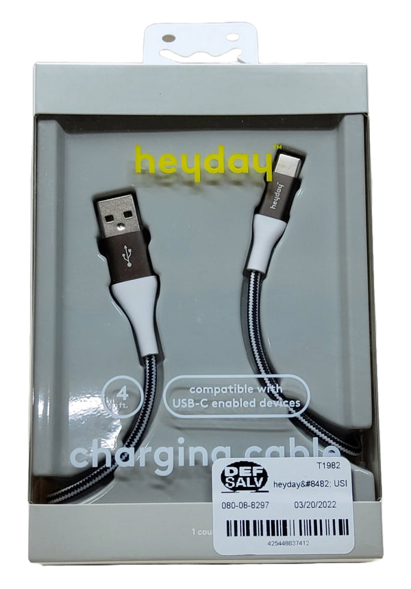 heyday USB-C to USB-A Braided Cable 4ft - Black/White/Gunmetal
